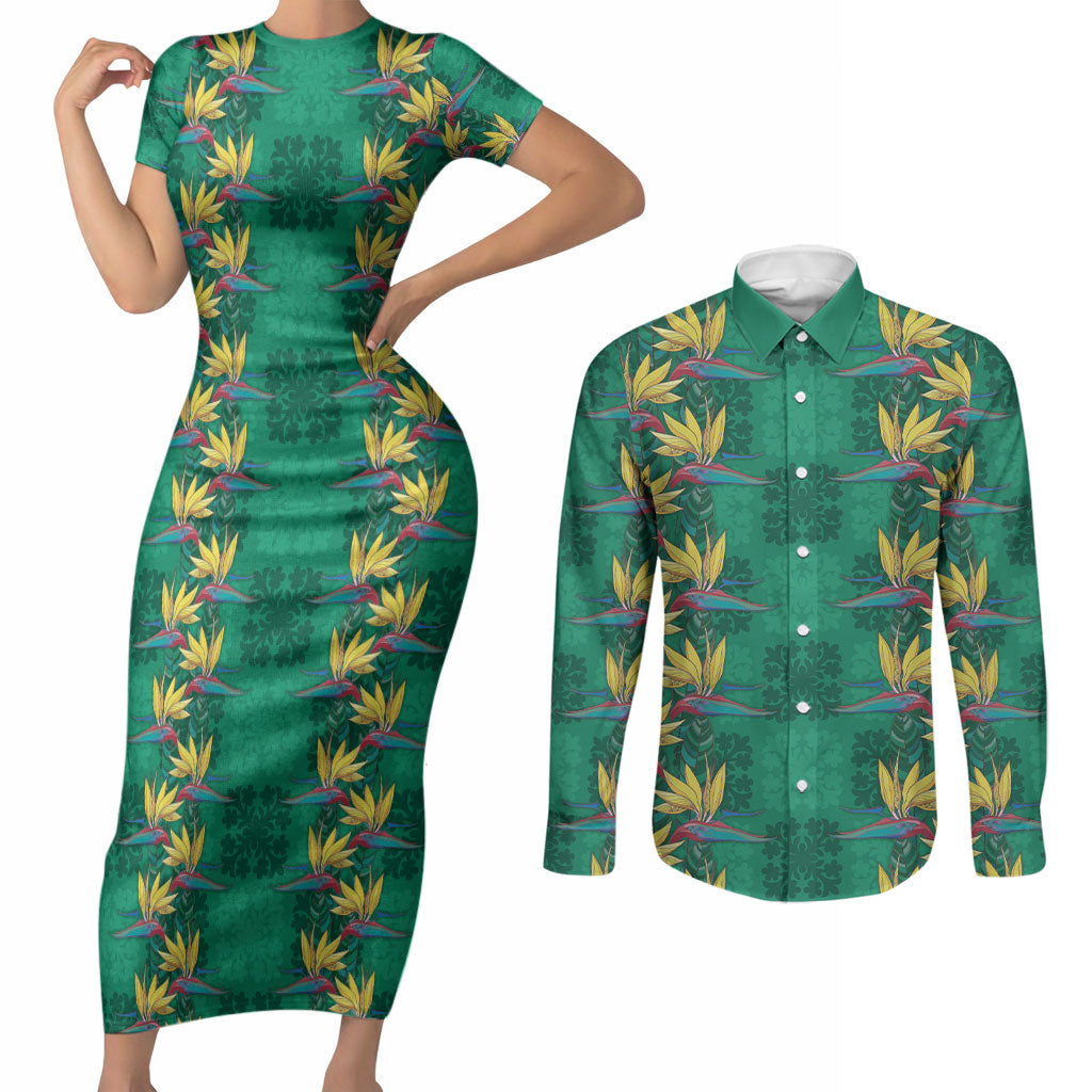 Hawaii Waikiki King Couples Matching Short Sleeve Bodycon Dress and Long Sleeve Button Shirt Green Quilt With Pua Manu