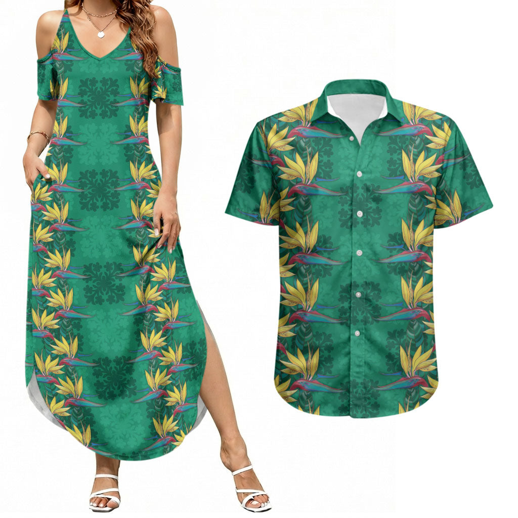 Hawaii Waikiki King Couples Matching Summer Maxi Dress and Hawaiian Shirt Green Quilt With Pua Manu