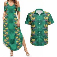 Hawaii Waikiki King Couples Matching Summer Maxi Dress and Hawaiian Shirt Green Quilt With Pua Manu