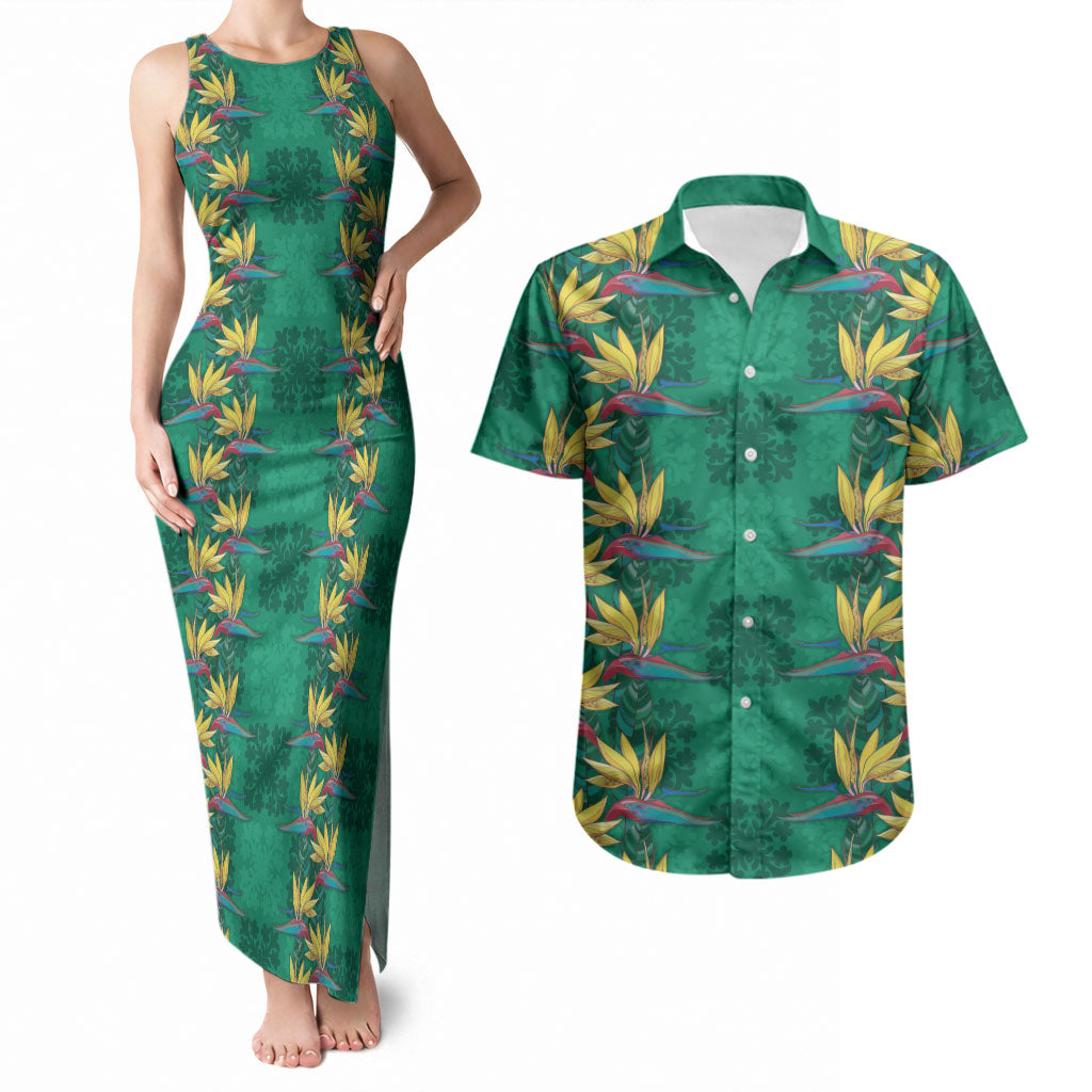 Hawaii Waikiki King Couples Matching Tank Maxi Dress and Hawaiian Shirt Green Quilt With Pua Manu
