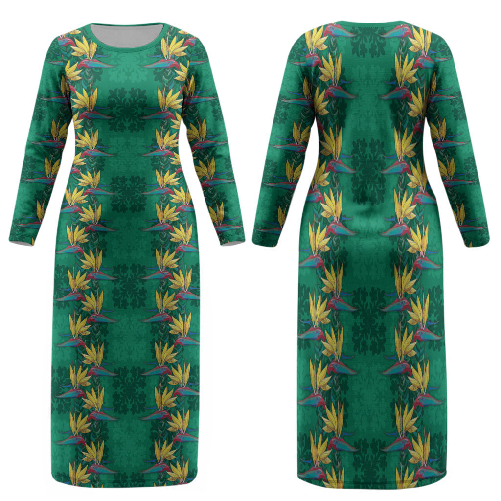 Hawaii Waikiki King Family Matching Long Sleeve Bodycon Dress and Hawaiian Shirt Green Quilt With Pua Manu