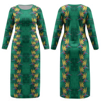Hawaii Waikiki King Family Matching Long Sleeve Bodycon Dress and Hawaiian Shirt Green Quilt With Pua Manu