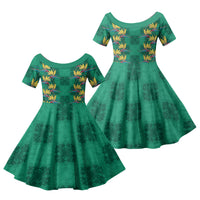 Hawaii Waikiki King Family Matching Long Sleeve Bodycon Dress and Hawaiian Shirt Green Quilt With Pua Manu