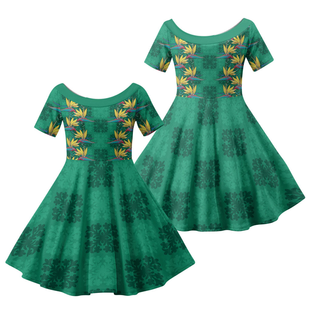 Hawaii Waikiki King Family Matching Mermaid Dress and Hawaiian Shirt Green Quilt With Pua Manu