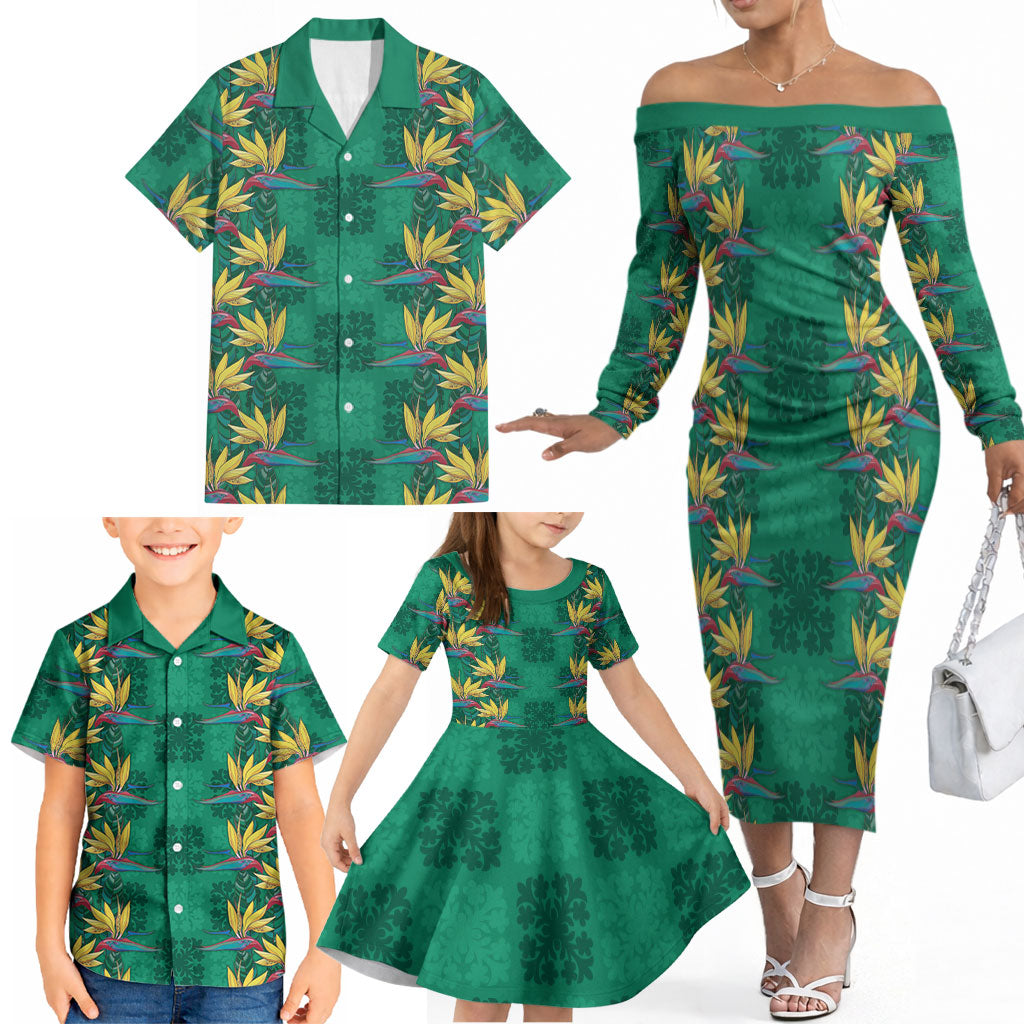 Hawaii Waikiki King Family Matching Off The Shoulder Long Sleeve Dress and Hawaiian Shirt Green Quilt With Pua Manu