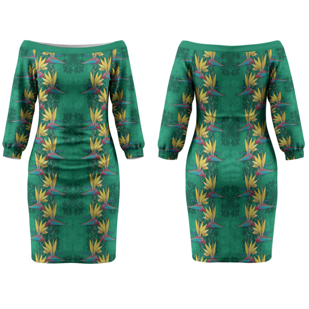 Hawaii Waikiki King Family Matching Off The Shoulder Long Sleeve Dress and Hawaiian Shirt Green Quilt With Pua Manu