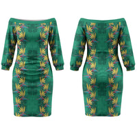 Hawaii Waikiki King Family Matching Off The Shoulder Long Sleeve Dress and Hawaiian Shirt Green Quilt With Pua Manu