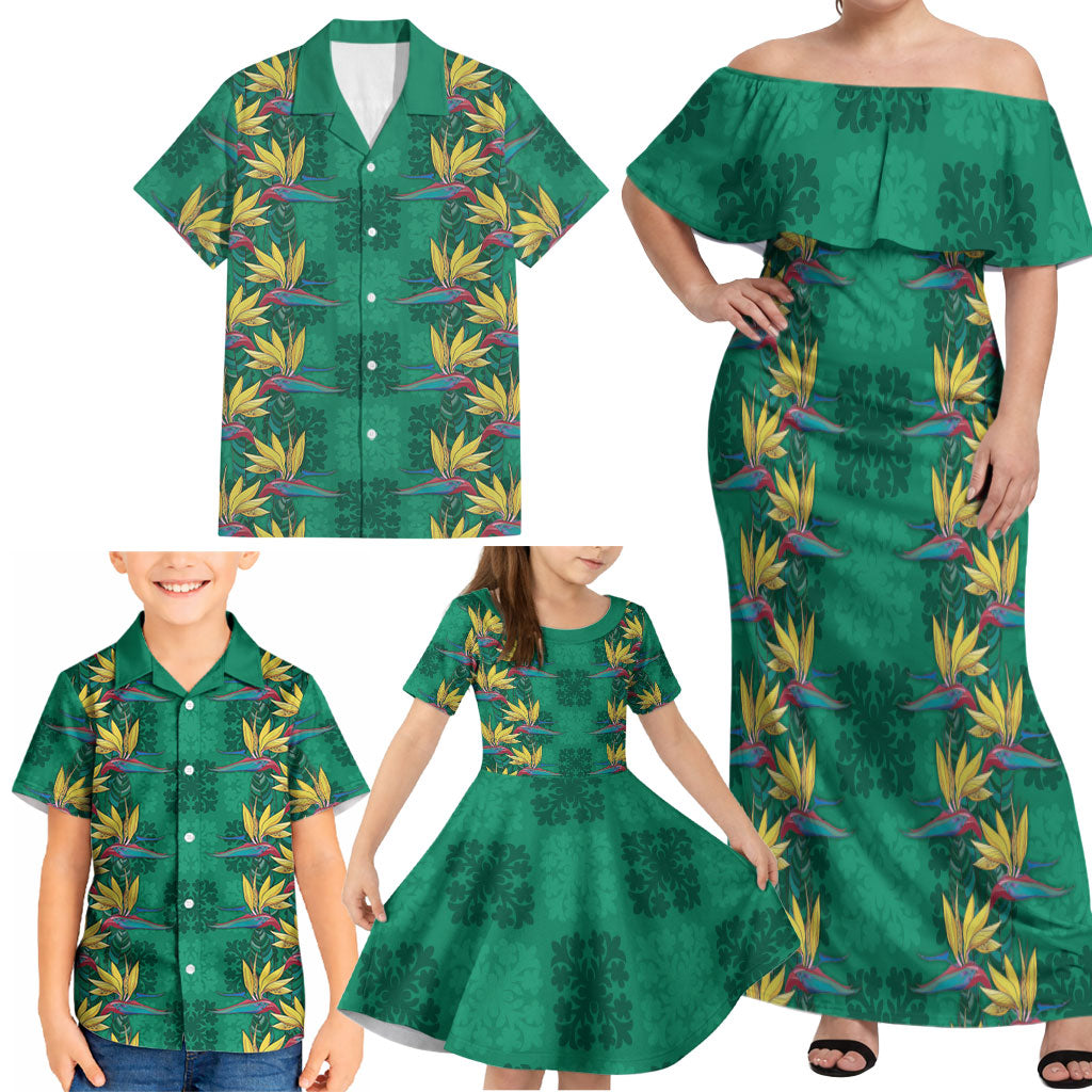 Hawaii Waikiki King Family Matching Off Shoulder Maxi Dress and Hawaiian Shirt Green Quilt With Pua Manu