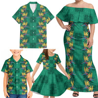 Hawaii Waikiki King Family Matching Off Shoulder Maxi Dress and Hawaiian Shirt Green Quilt With Pua Manu