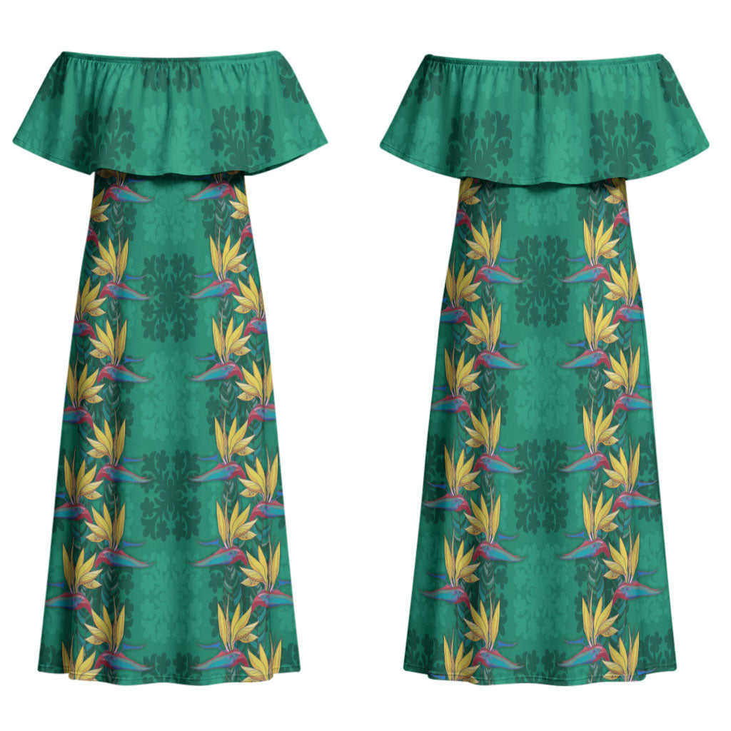 Hawaii Waikiki King Family Matching Off Shoulder Maxi Dress and Hawaiian Shirt Green Quilt With Pua Manu