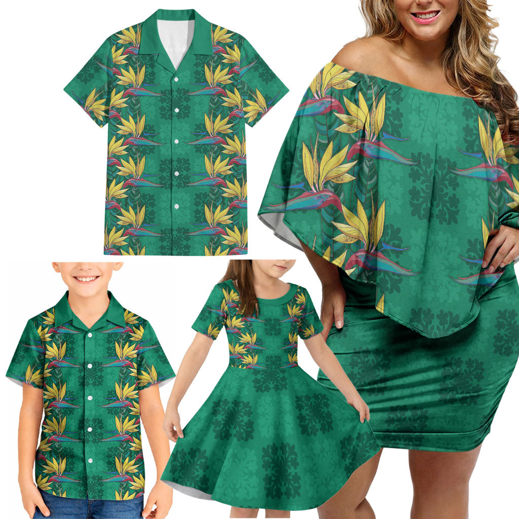 Hawaii Waikiki King Family Matching Off Shoulder Short Dress and Hawaiian Shirt Green Quilt With Pua Manu