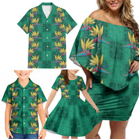 Hawaii Waikiki King Family Matching Off Shoulder Short Dress and Hawaiian Shirt Green Quilt With Pua Manu