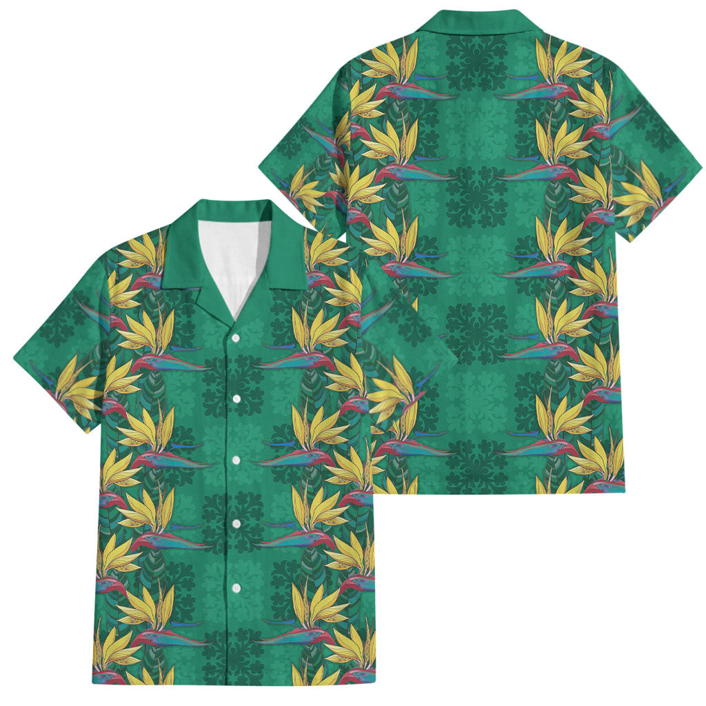 Hawaii Waikiki King Family Matching Off Shoulder Short Dress and Hawaiian Shirt Green Quilt With Pua Manu