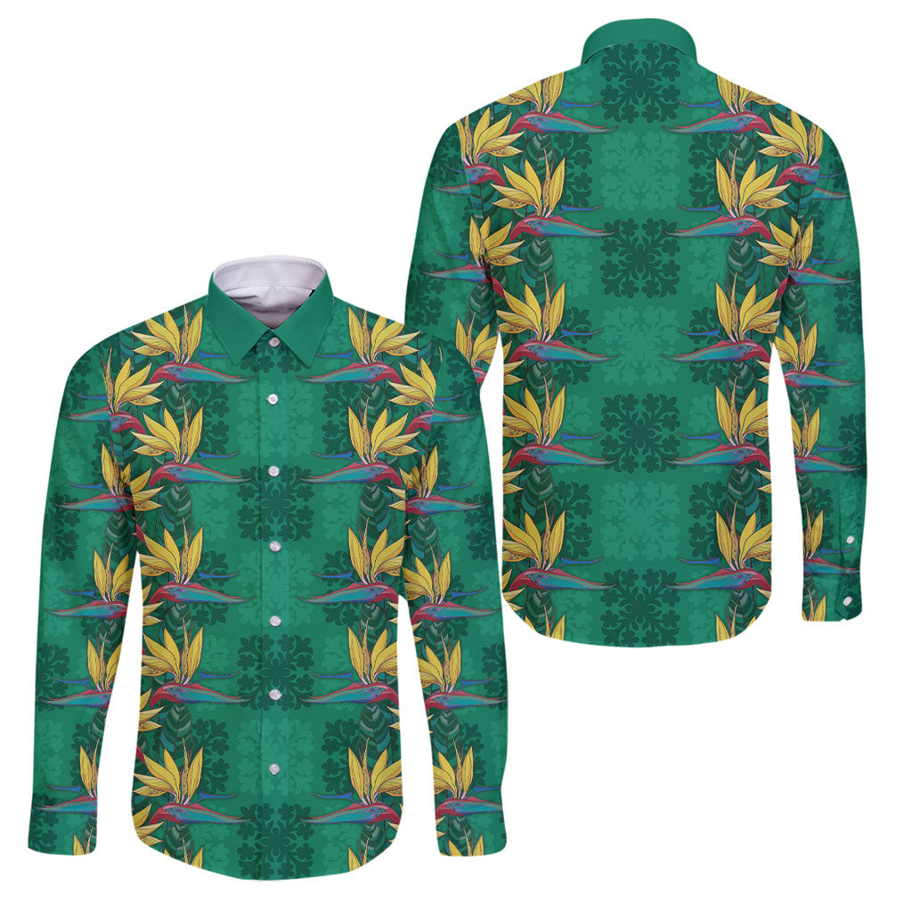 Hawaii Waikiki King Family Matching Off Shoulder Short Dress and Hawaiian Shirt Green Quilt With Pua Manu