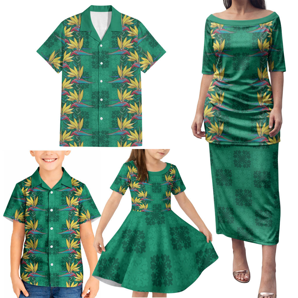 Hawaii Waikiki King Family Matching Puletasi and Hawaiian Shirt Green Quilt With Pua Manu