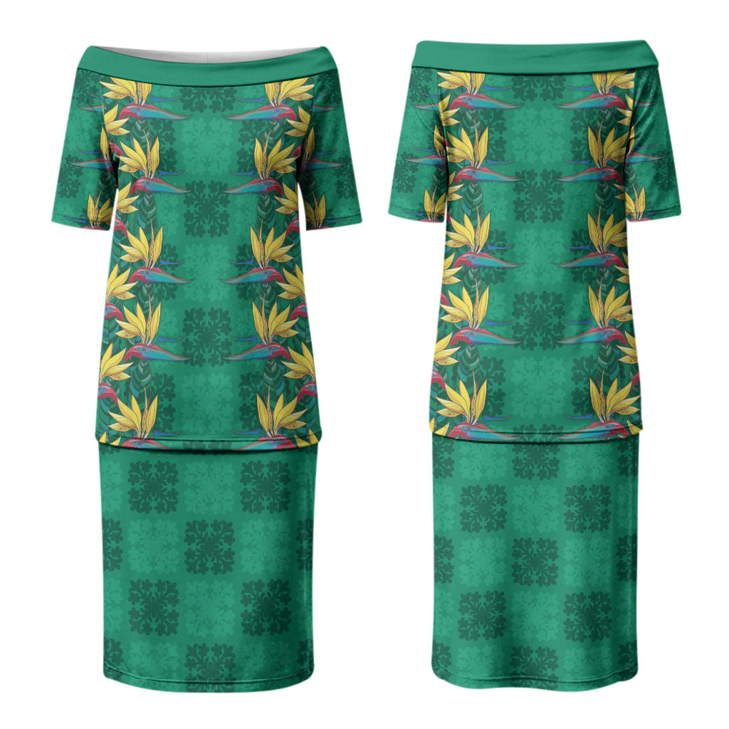 Hawaii Waikiki King Family Matching Puletasi and Hawaiian Shirt Green Quilt With Pua Manu