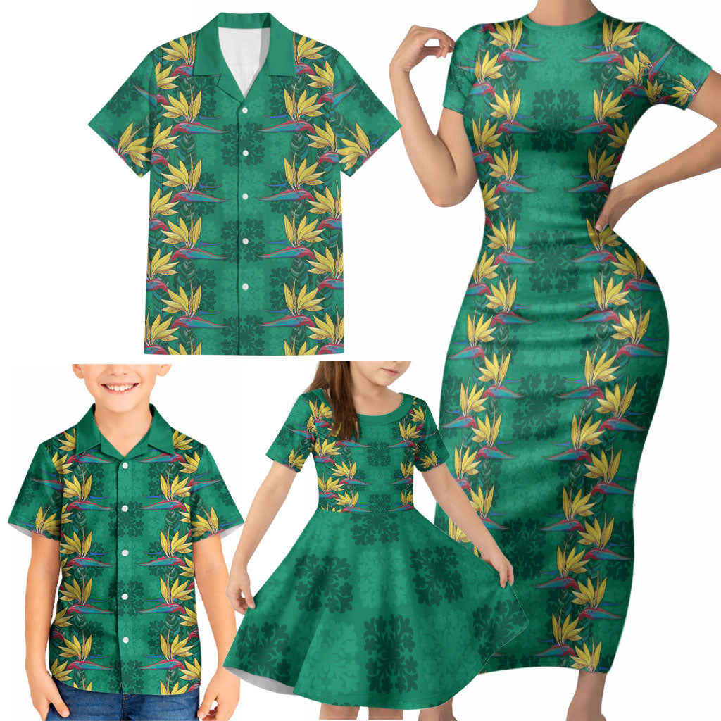 Hawaii Waikiki King Family Matching Short Sleeve Bodycon Dress and Hawaiian Shirt Green Quilt With Pua Manu