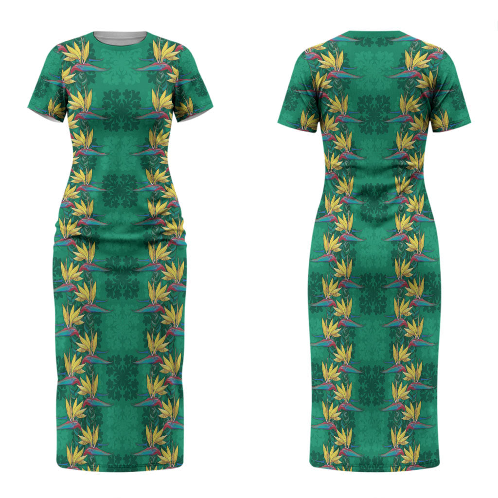 Hawaii Waikiki King Family Matching Short Sleeve Bodycon Dress and Hawaiian Shirt Green Quilt With Pua Manu