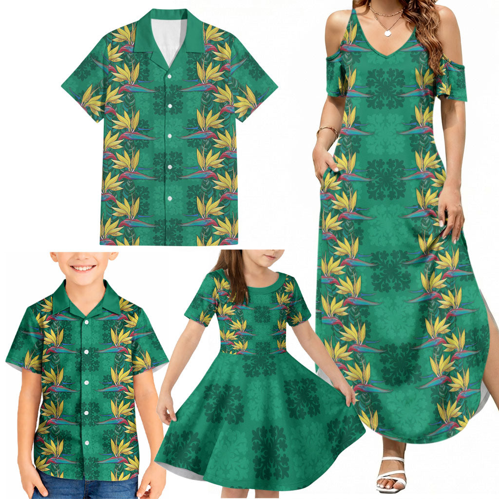 Hawaii Waikiki King Family Matching Summer Maxi Dress and Hawaiian Shirt Green Quilt With Pua Manu
