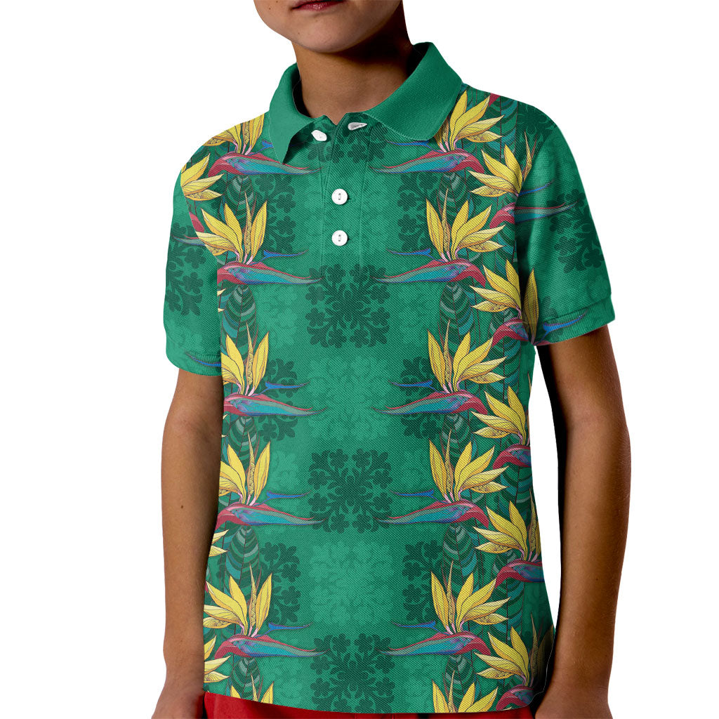 Hawaii Waikiki King Kid Polo Shirt Green Quilt With Pua Manu