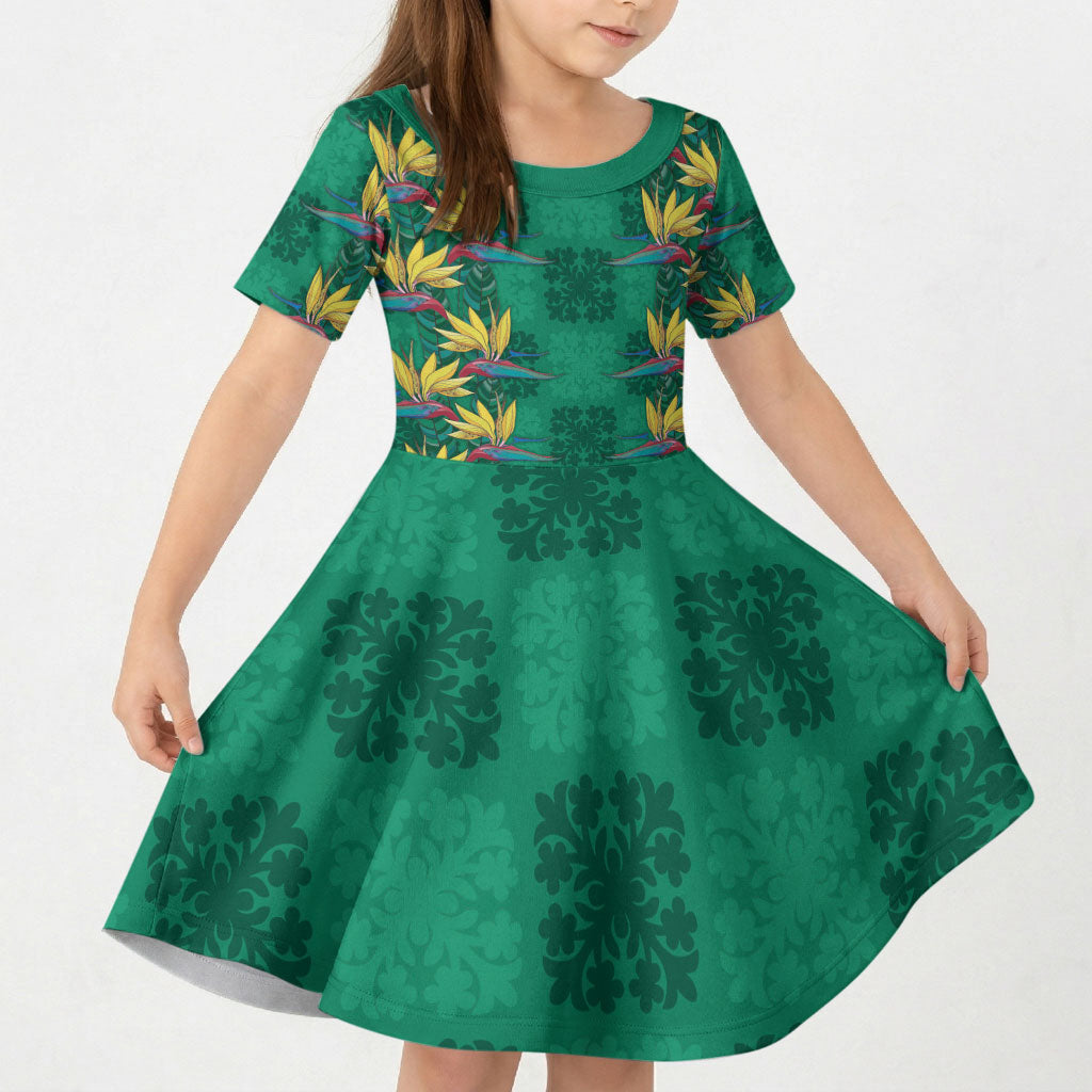 Hawaii Waikiki King Kid Short Sleeve Dress Green Quilt With Pua Manu