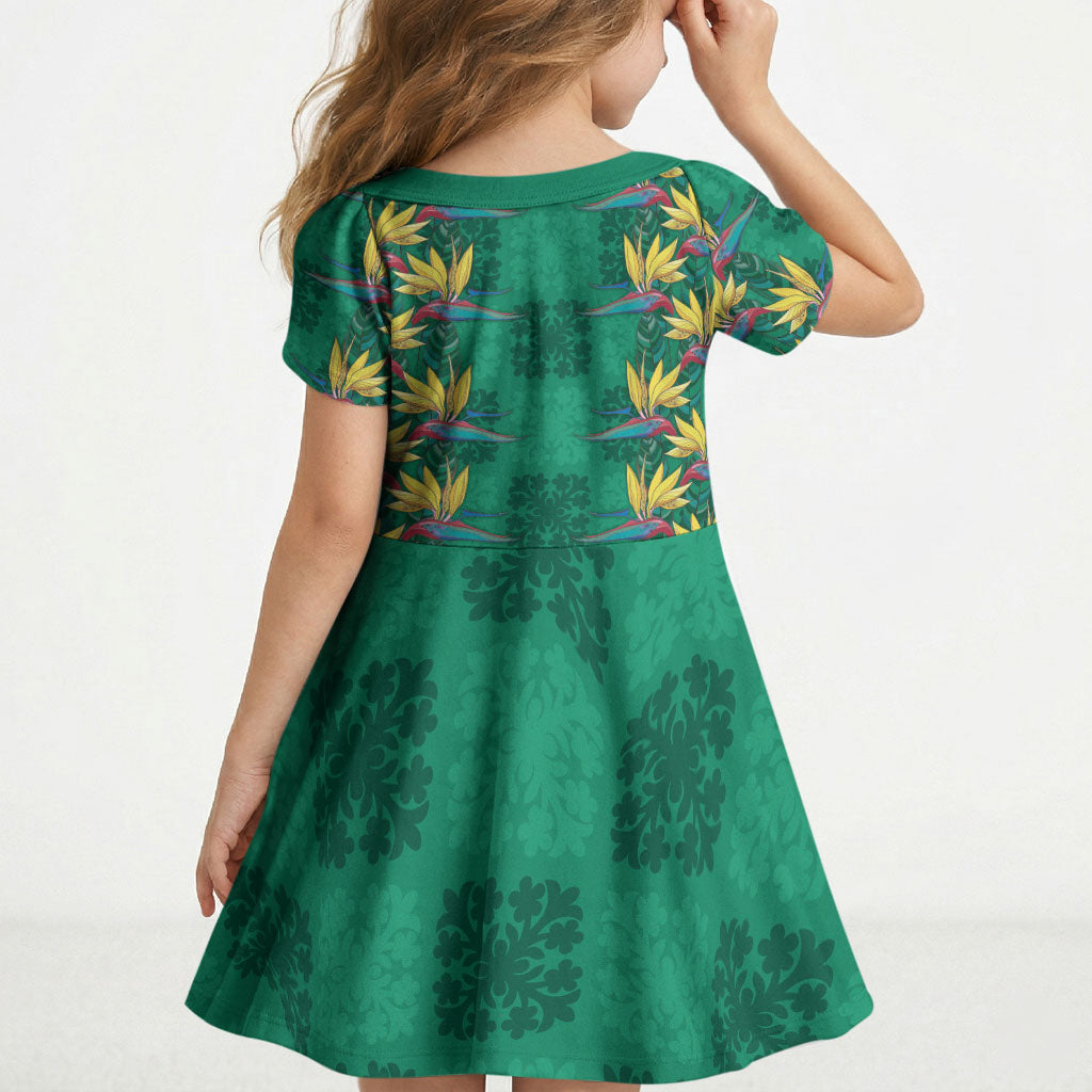 Hawaii Waikiki King Kid Short Sleeve Dress Green Quilt With Pua Manu