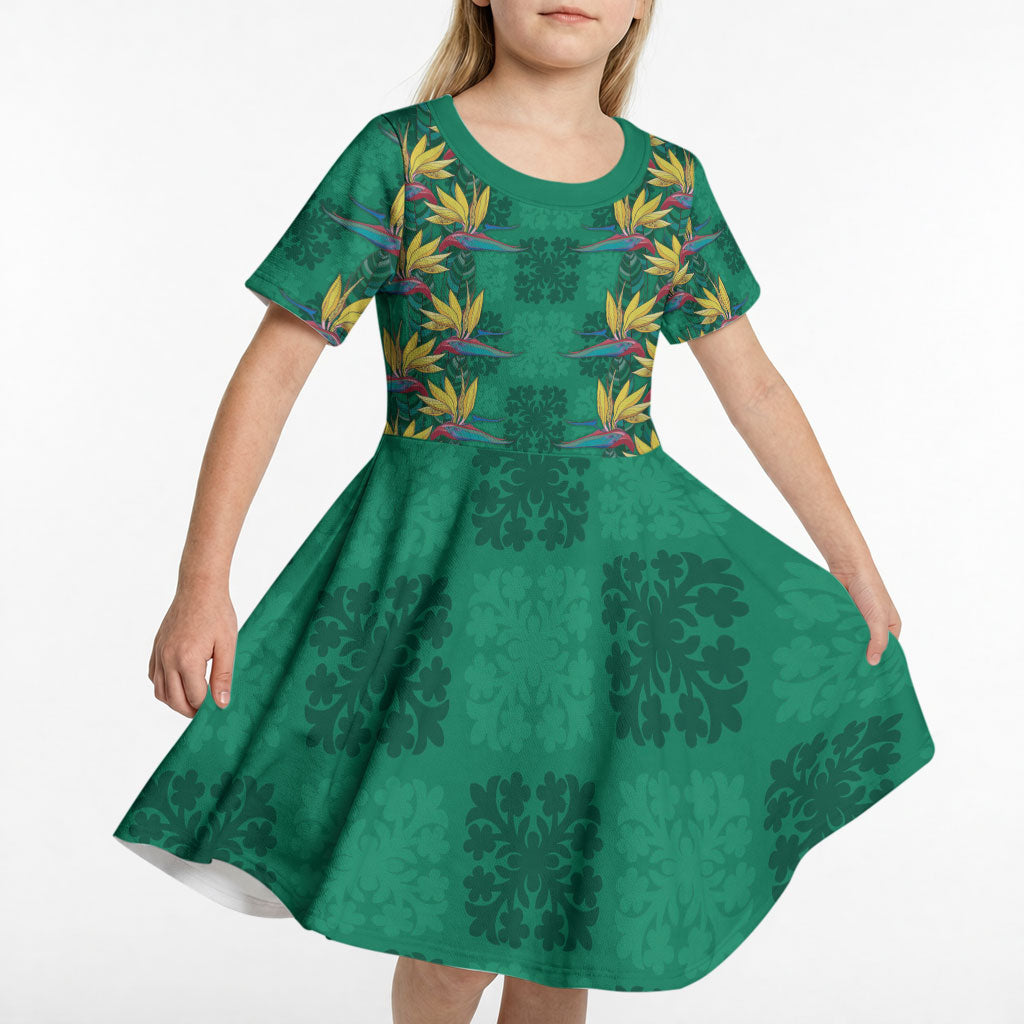 Hawaii Waikiki King Kid Short Sleeve Dress Green Quilt With Pua Manu