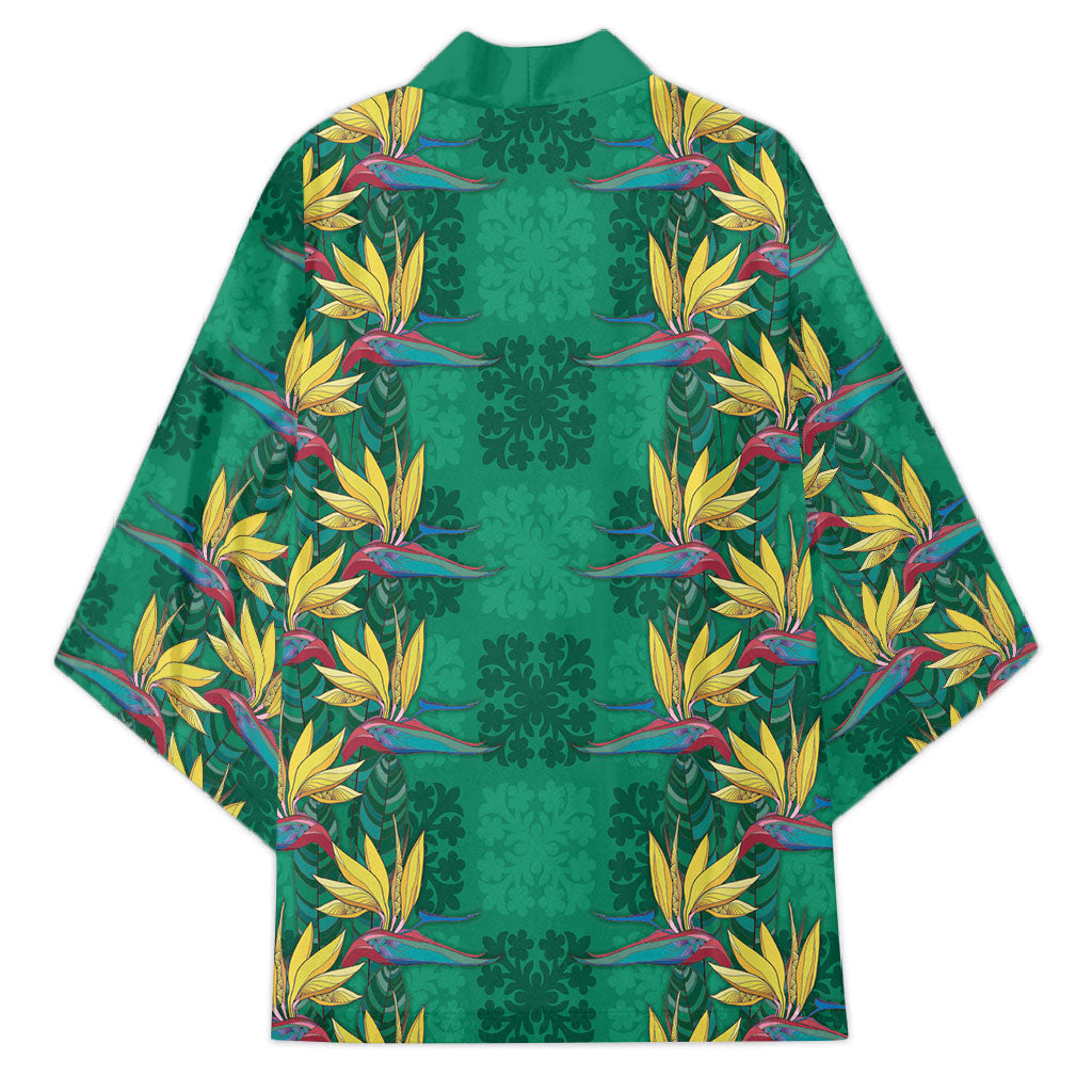 Hawaii Waikiki King Kimono Green Quilt With Pua Manu