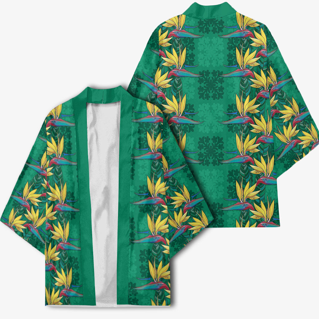 Hawaii Waikiki King Kimono Green Quilt With Pua Manu