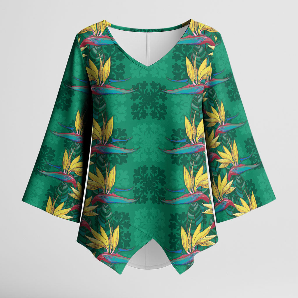 Hawaii Waikiki King Kimono Sleeve Blouse Green Quilt With Pua Manu