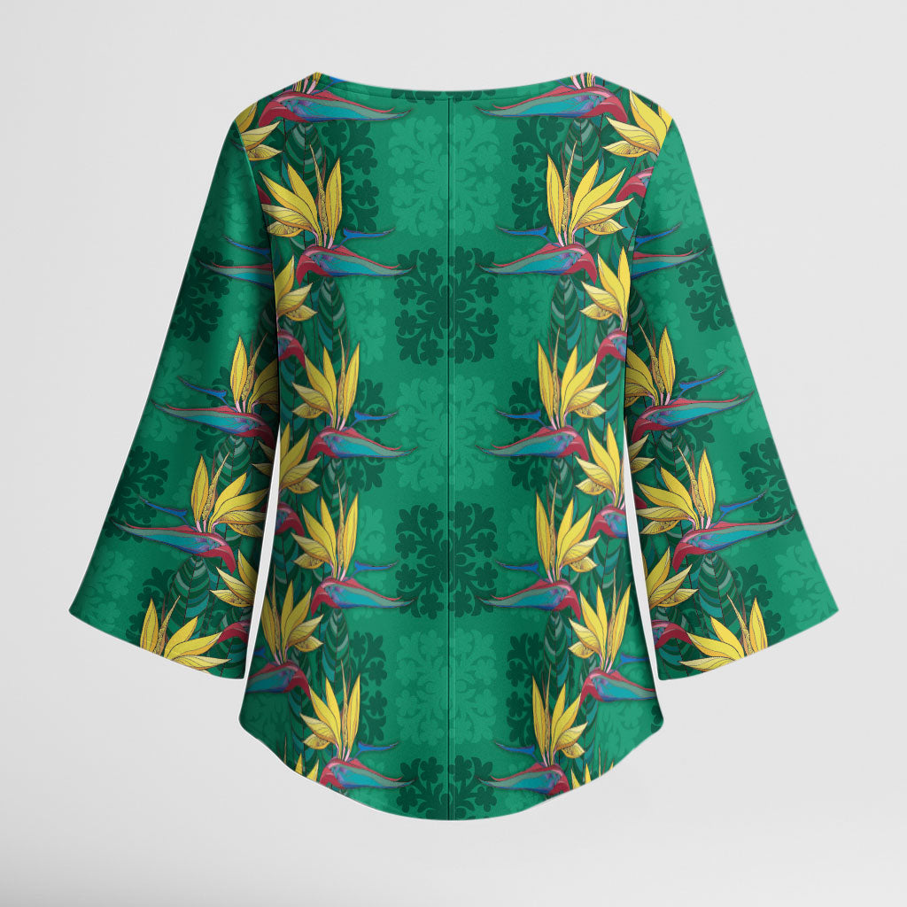 Hawaii Waikiki King Kimono Sleeve Blouse Green Quilt With Pua Manu