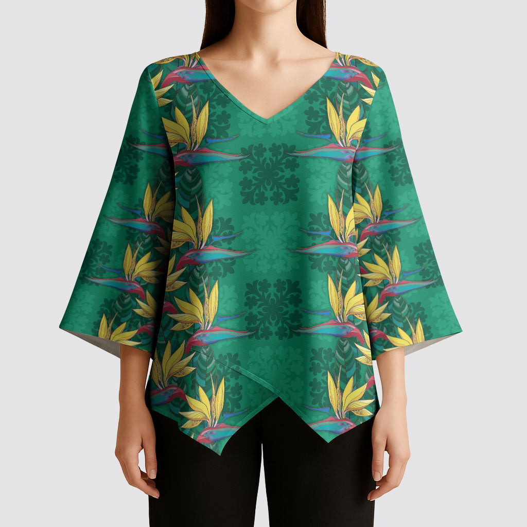 Hawaii Waikiki King Kimono Sleeve Blouse Green Quilt With Pua Manu