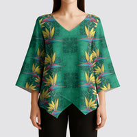 Hawaii Waikiki King Kimono Sleeve Blouse Green Quilt With Pua Manu
