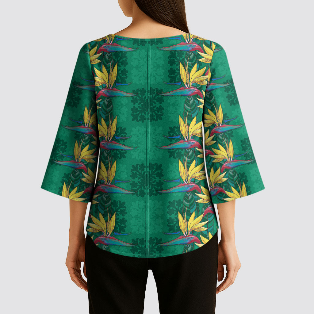 Hawaii Waikiki King Kimono Sleeve Blouse Green Quilt With Pua Manu