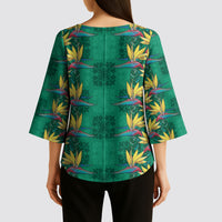 Hawaii Waikiki King Kimono Sleeve Blouse Green Quilt With Pua Manu
