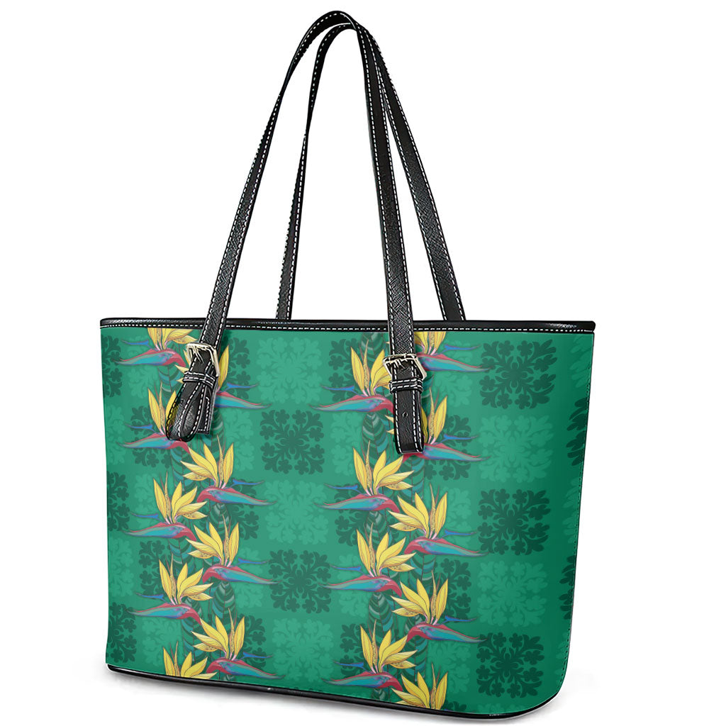 Hawaii Waikiki King Leather Tote Bag Green Quilt With Pua Manu