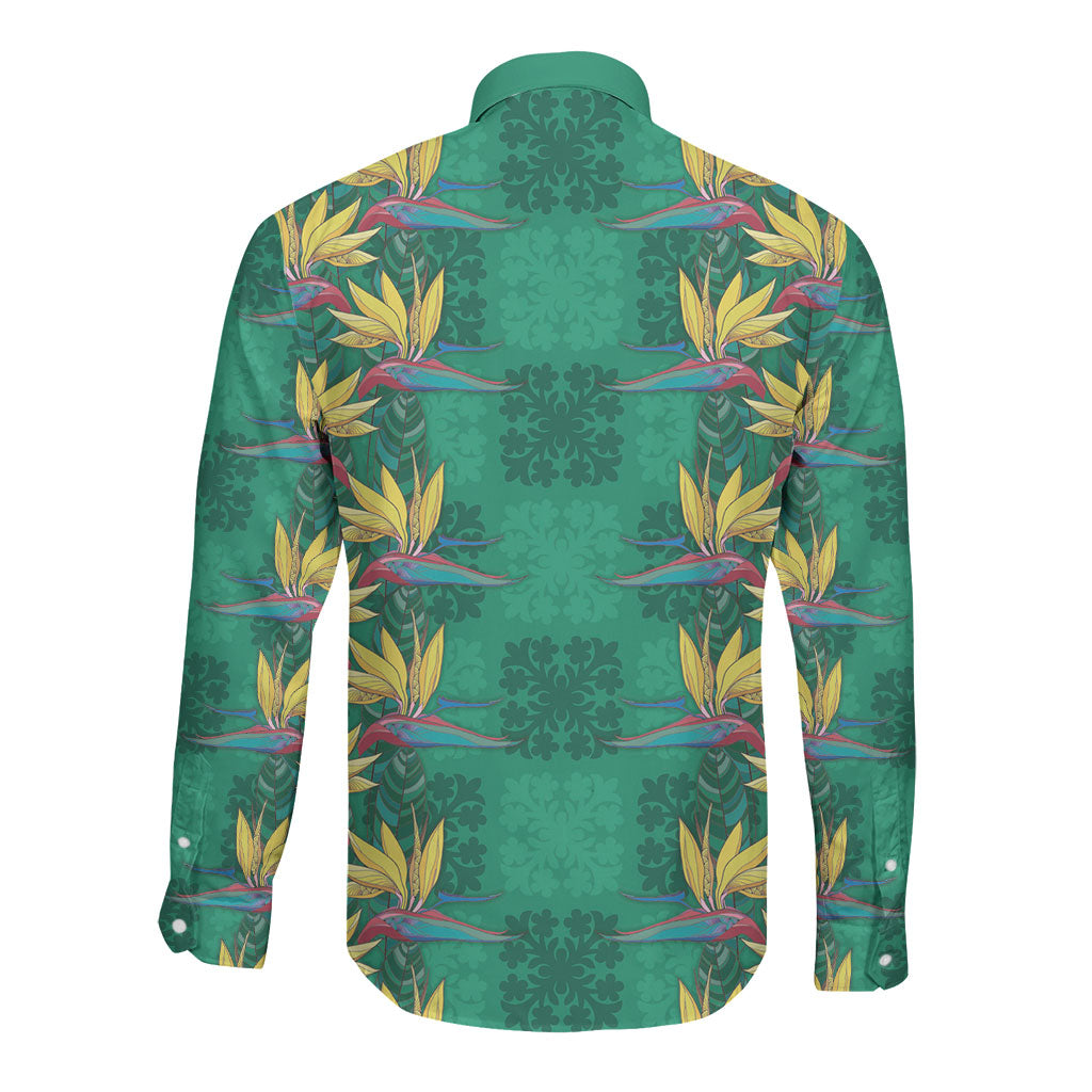 Hawaii Waikiki King Long Sleeve Button Shirt Green Quilt With Pua Manu