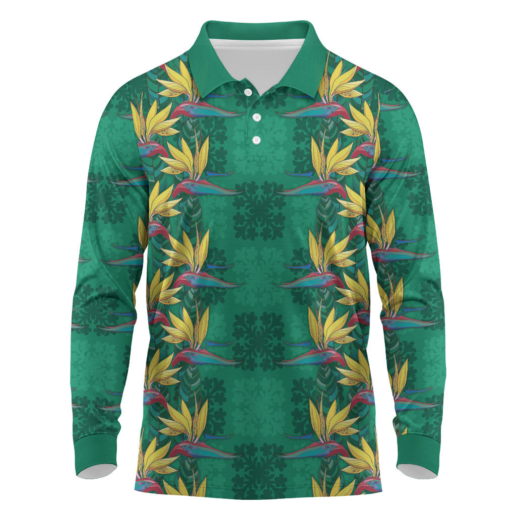 Hawaii Waikiki King Long Sleeve Polo Shirt Green Quilt With Pua Manu