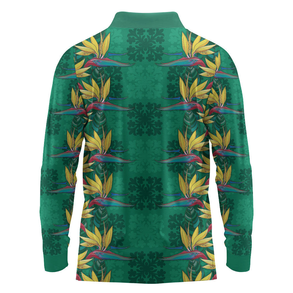 Hawaii Waikiki King Long Sleeve Polo Shirt Green Quilt With Pua Manu