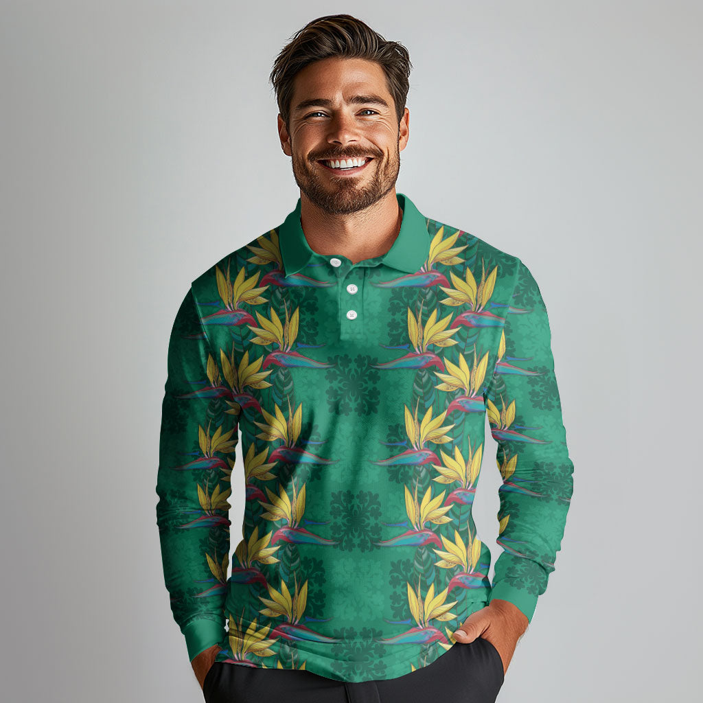 Hawaii Waikiki King Long Sleeve Polo Shirt Green Quilt With Pua Manu