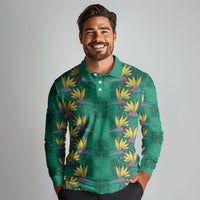 Hawaii Waikiki King Long Sleeve Polo Shirt Green Quilt With Pua Manu