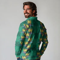 Hawaii Waikiki King Long Sleeve Polo Shirt Green Quilt With Pua Manu