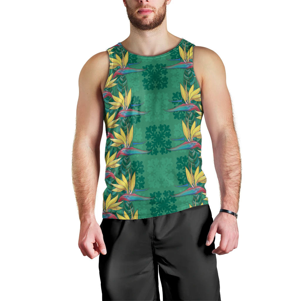 Hawaii Waikiki King Men Tank Top Green Quilt With Pua Manu
