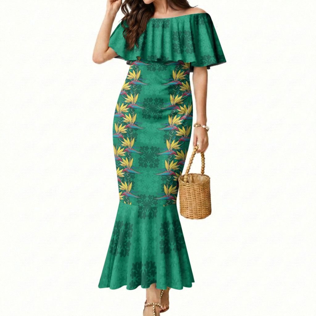 Hawaii Waikiki King Mermaid Dress Green Quilt With Pua Manu