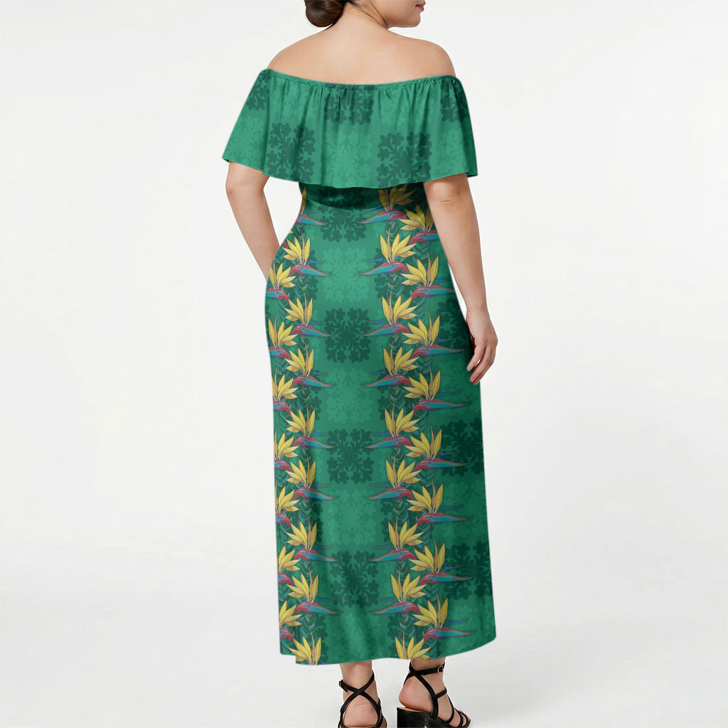 Hawaii Waikiki King Off Shoulder Maxi Dress Green Quilt With Pua Manu