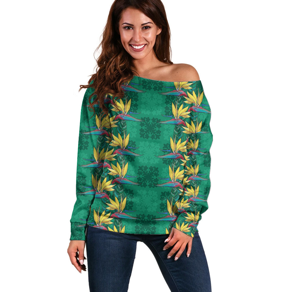 Hawaii Waikiki King Off Shoulder Sweater Green Quilt With Pua Manu