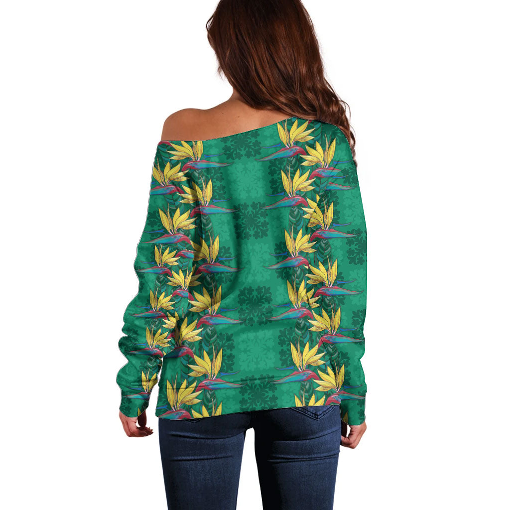 Hawaii Waikiki King Off Shoulder Sweater Green Quilt With Pua Manu