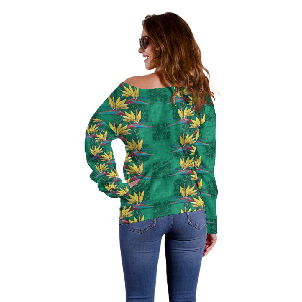 Hawaii Waikiki King Off Shoulder Sweater Green Quilt With Pua Manu