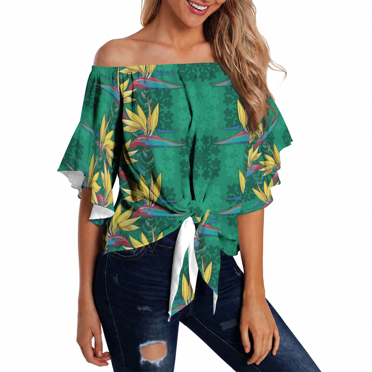 Hawaii Waikiki King Off Shoulder Wrap Waist Top Green Quilt With Pua Manu