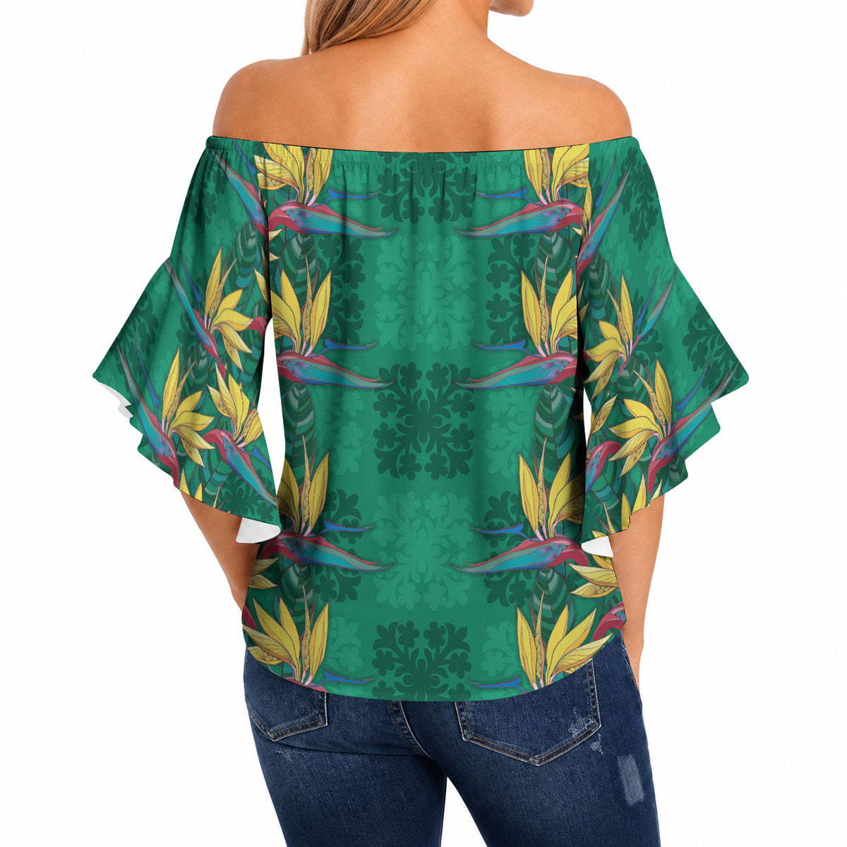 Hawaii Waikiki King Off Shoulder Wrap Waist Top Green Quilt With Pua Manu